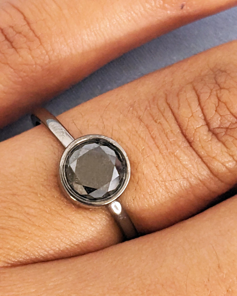 Natural Salt and Pepper Diamond Engagement Ring | Unique Bezel Set Diamond Promise Ring | 14K Black Gold Ring | Vintage Wedding Ring for Her