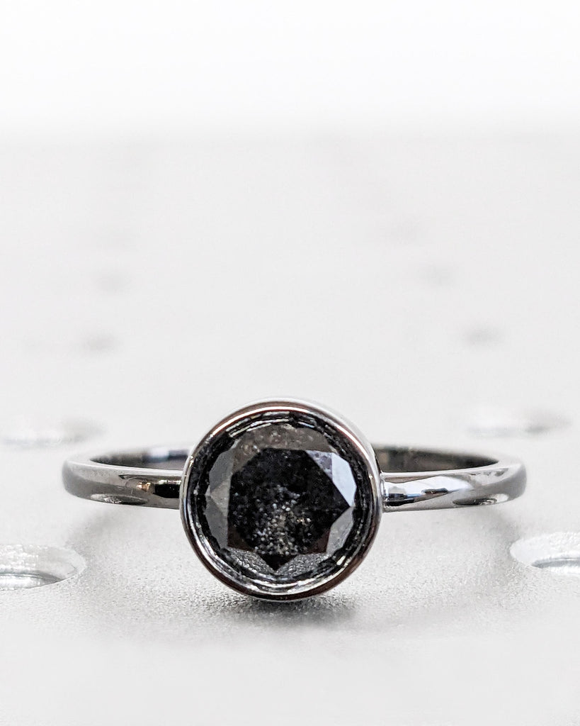 Round Bezel Solitaire Ring Brilliant Cut Galaxy Salt & Pepper Diamond Engagement Ring Dainty Diamond Promise Ring Bezel Ring Black Gold Ring