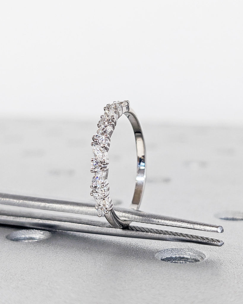 Vintage Matching Band, Half Eternity Band, 14k 18k Rose White Gold, Cluster Marquise Round Moissanite Diamond Wedding Band, Anniversary Gift