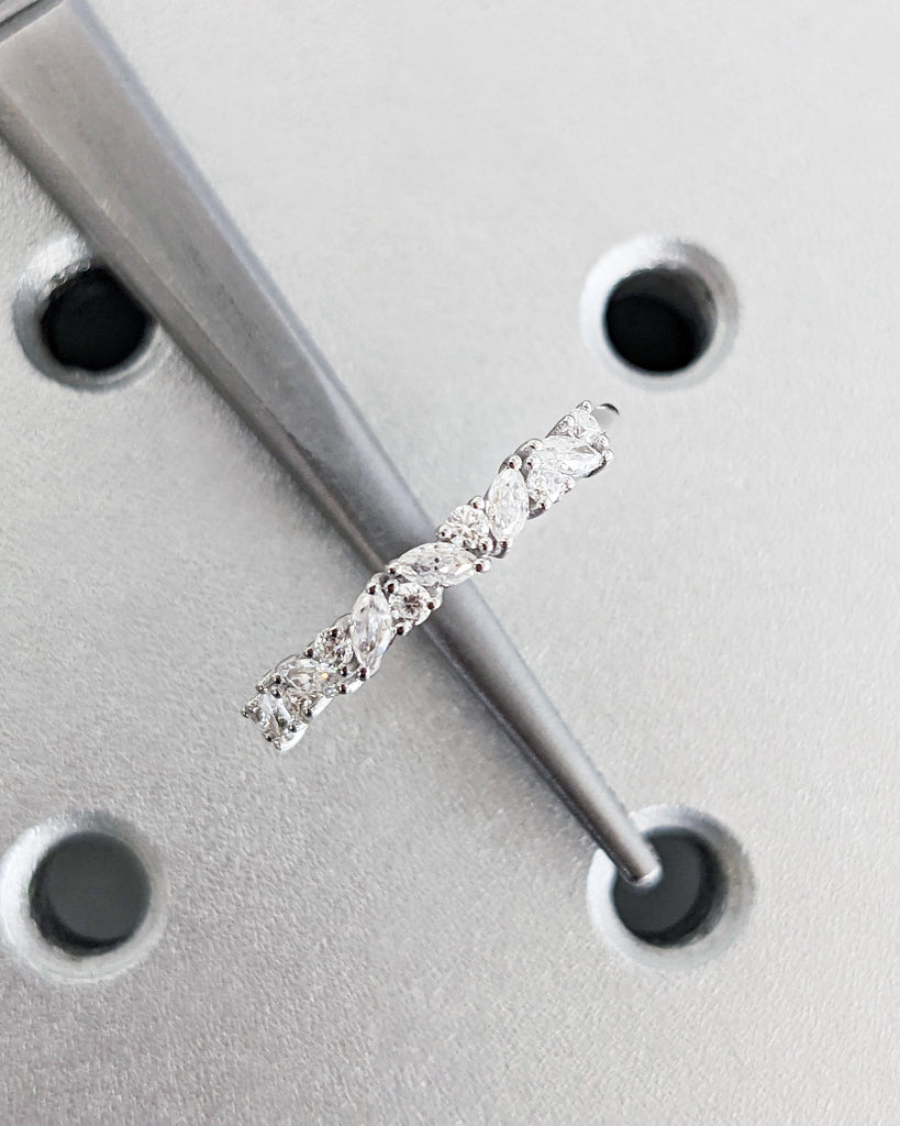 Vintage Lab Diamond Marquise Cut Round Wedding Band | 14K White Gold Wedding Band | Half Eternity Band | Promise Ring Anniversary Band Ring