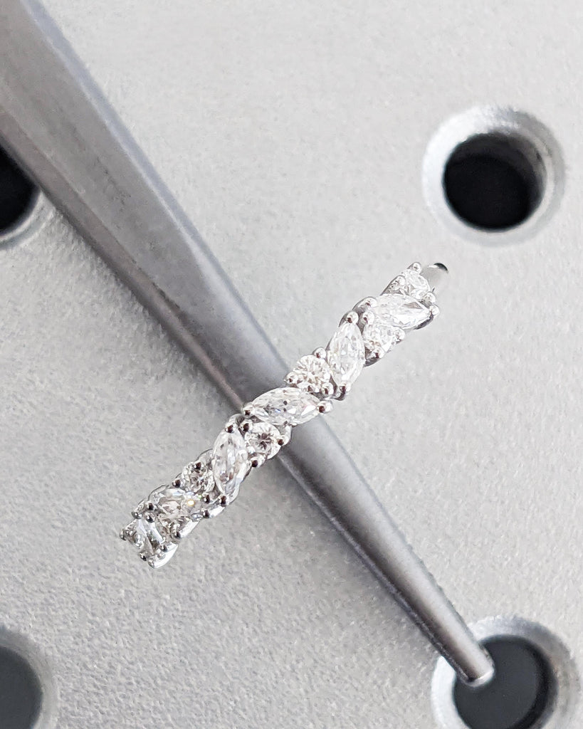Vintage Lab Diamond Marquise Cut Round Wedding Band | 14K White Gold Wedding Band | Half Eternity Band | Promise Ring Anniversary Band Ring