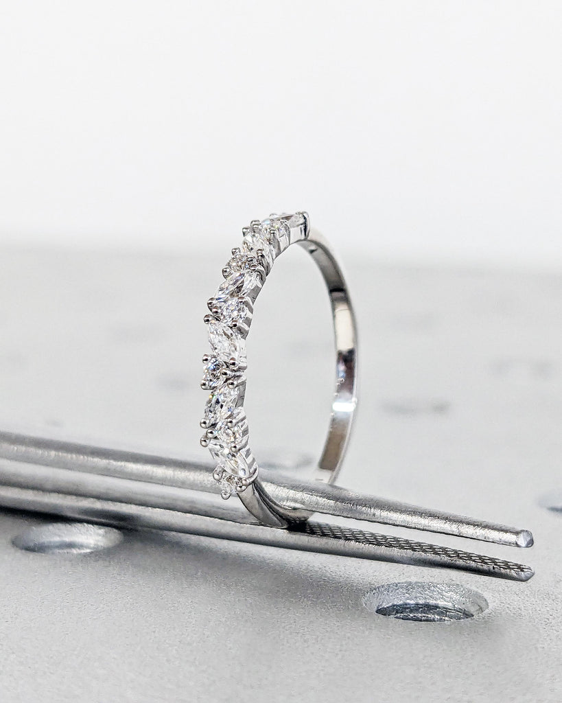 Vintage Lab Diamond Marquise Cut Round Wedding Band | 14K White Gold Wedding Band | Half Eternity Band | Promise Ring Anniversary Band Ring