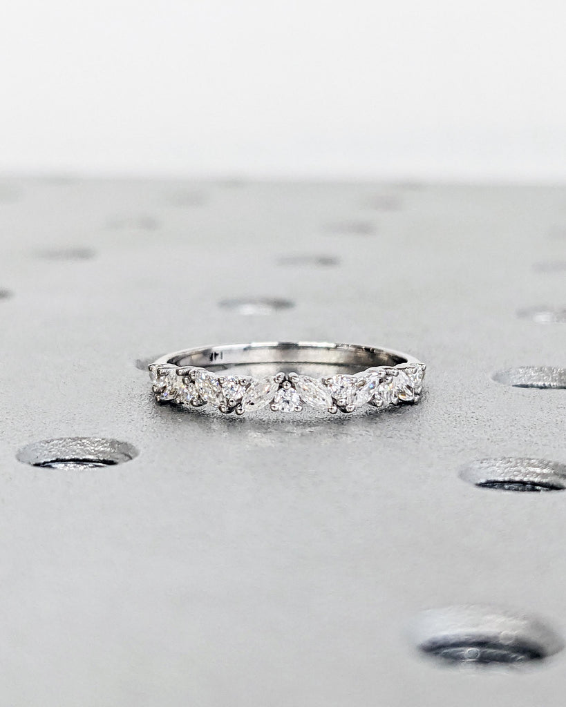 Vintage Lab Diamond Marquise Cut Round Wedding Band | 14K White Gold Wedding Band | Half Eternity Band | Promise Ring Anniversary Band Ring
