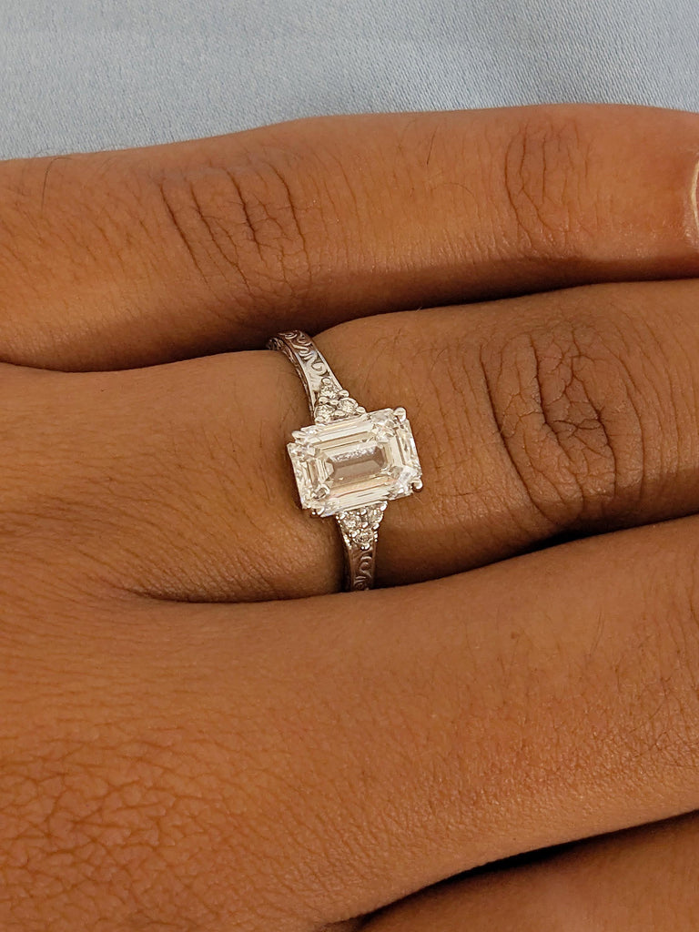 Emerald Cut Moissanite Engagement Ring, 14k White Gold Ring, Filigree Moissanite Rings, Moissanite Cluster Ring, Wedding Anniversary Gift