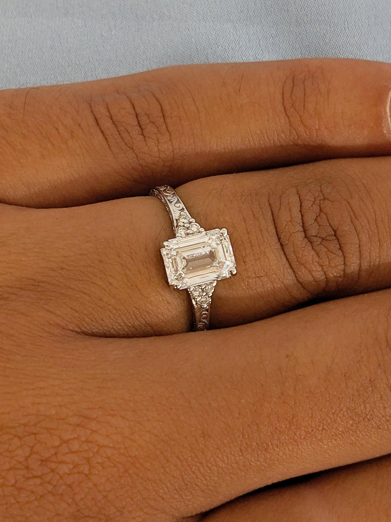 Art Deco Moissanite Ring, Emerald Cut Engagement Ring, White Gold Ring, Diamond Cluster Ring, Gold Filigree Ring, Handmade Rings for Women