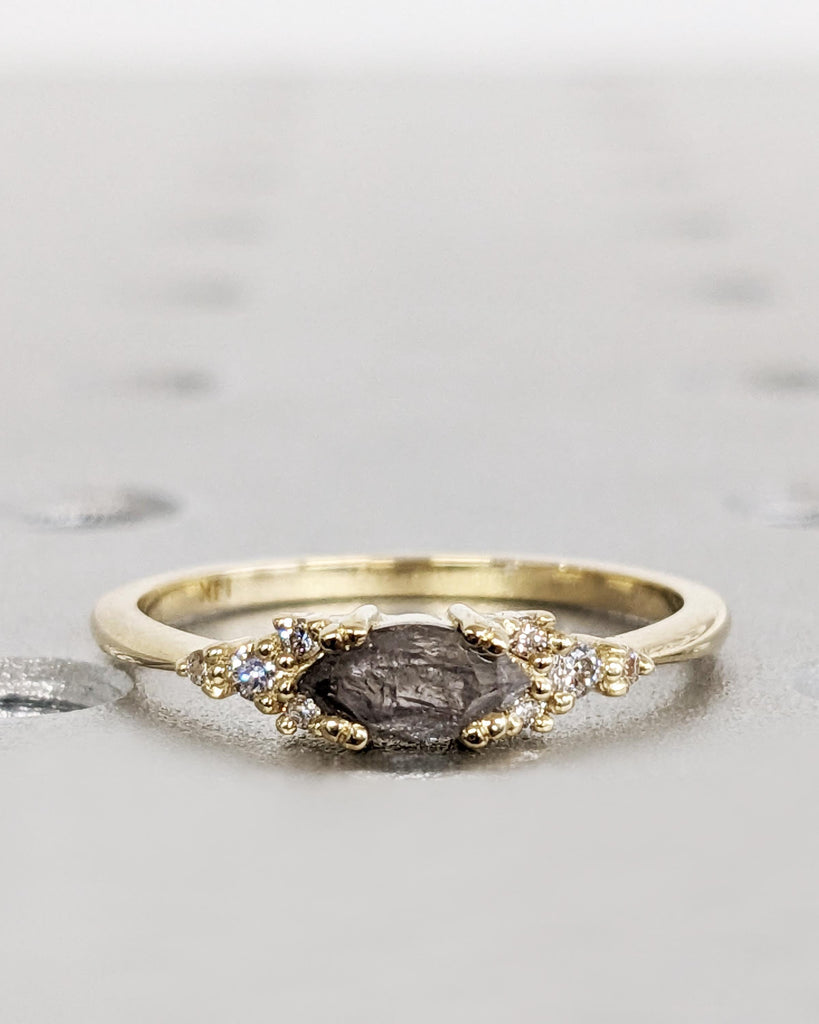 Marquise Salt and Pepper Diamond Wedding Ring, Unique Diamond Wedding Band, Wedding Engagement Ring, Minimalist Diamond Ring, 14K Solid Gold
