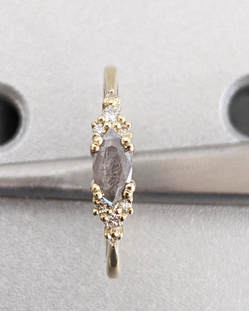 Marquise Salt and Pepper Diamond Wedding Ring, Unique Diamond Wedding Band, Wedding Engagement Ring, Minimalist Diamond Ring, 14K Solid Gold