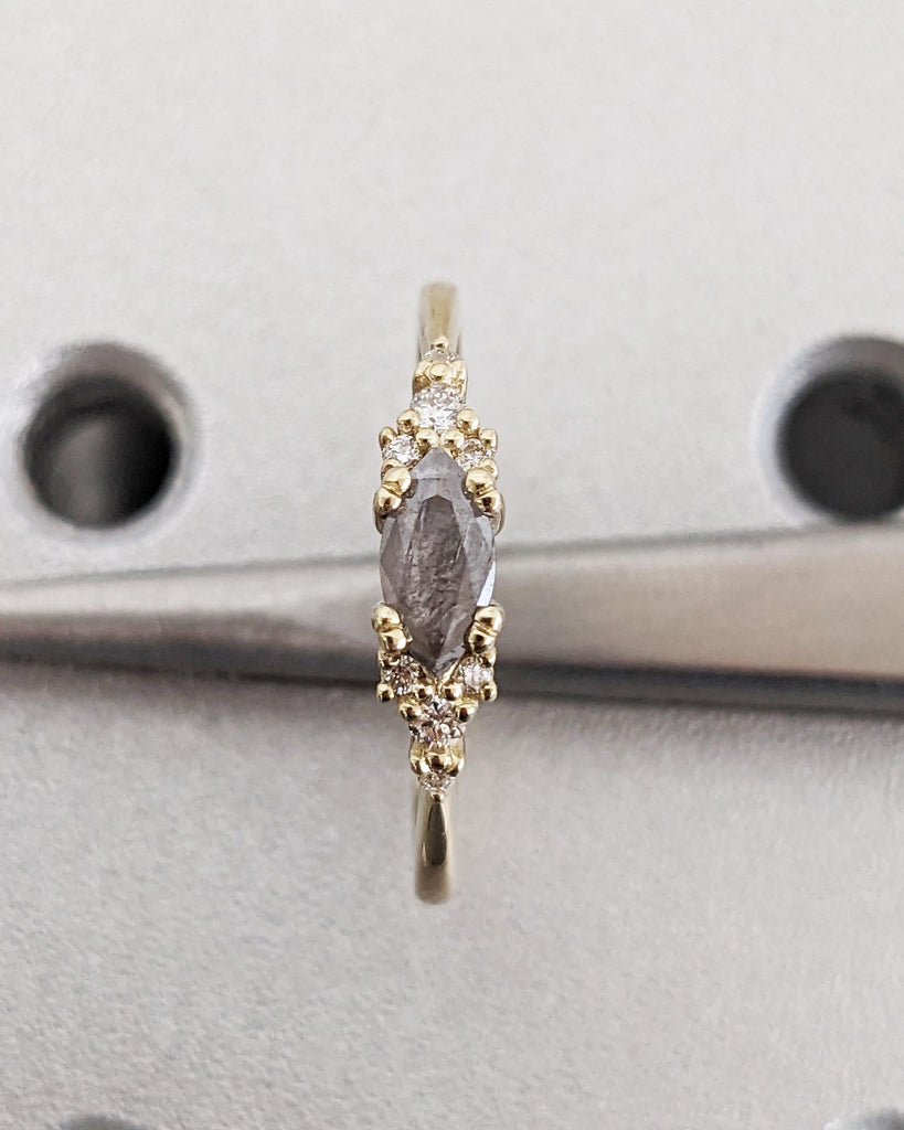 Marquise Salt and Pepper Diamond Wedding Ring, Unique Diamond Wedding Band, Wedding Engagement Ring, Minimalist Diamond Ring, 14K Solid Gold