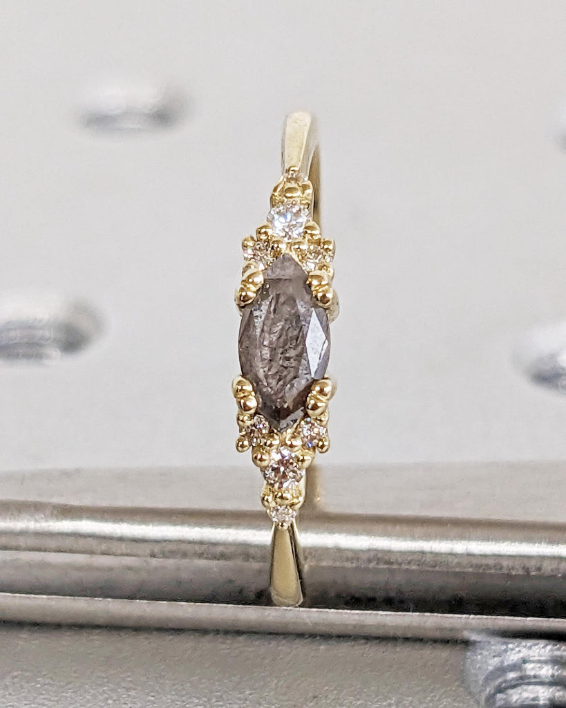 Marquise Salt and Pepper Diamond Wedding Ring, Unique Diamond Wedding Band, Wedding Engagement Ring, Minimalist Diamond Ring, 14K Solid Gold