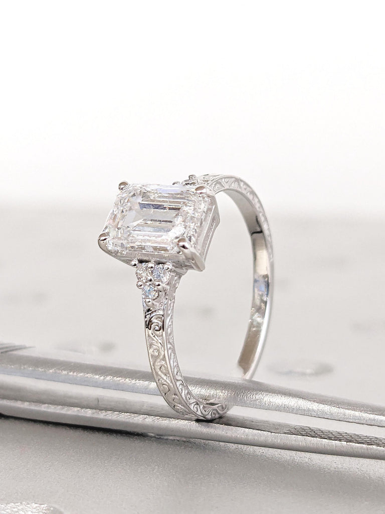Emerald Cut Moissanite Engagement Ring, 14k White Gold Ring, Filigree Moissanite Rings, Moissanite Cluster Ring, Wedding Anniversary Gift