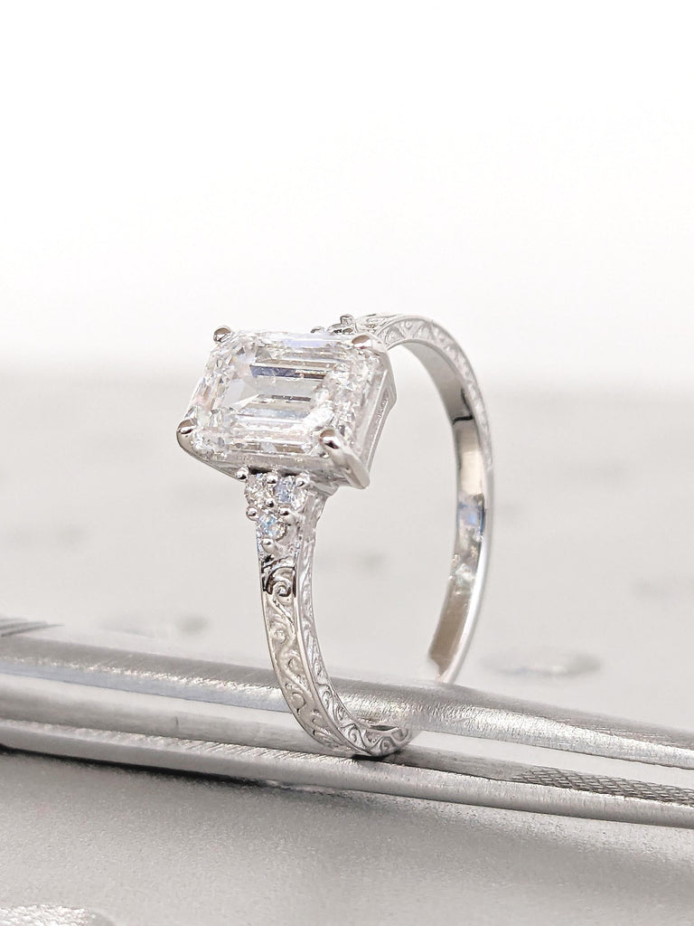 Art Deco Moissanite Ring, Emerald Cut Engagement Ring, White Gold Ring, Diamond Cluster Ring, Gold Filigree Ring, Handmade Rings for Women