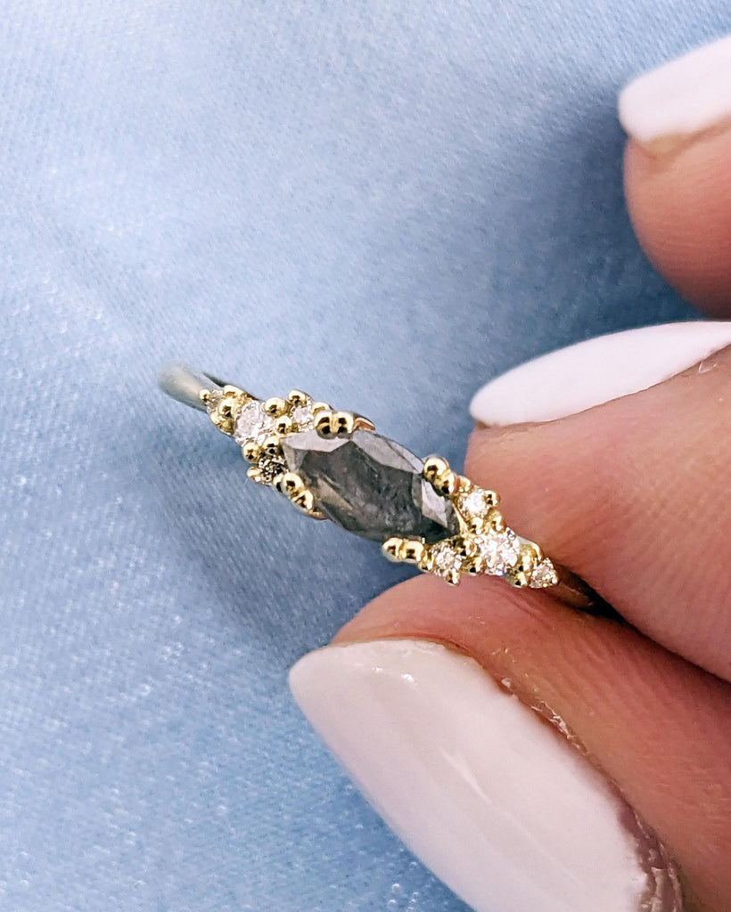 Marquise Salt and Pepper Diamond Wedding Ring, Unique Diamond Wedding Band, Wedding Engagement Ring, Minimalist Diamond Ring, 14K Solid Gold