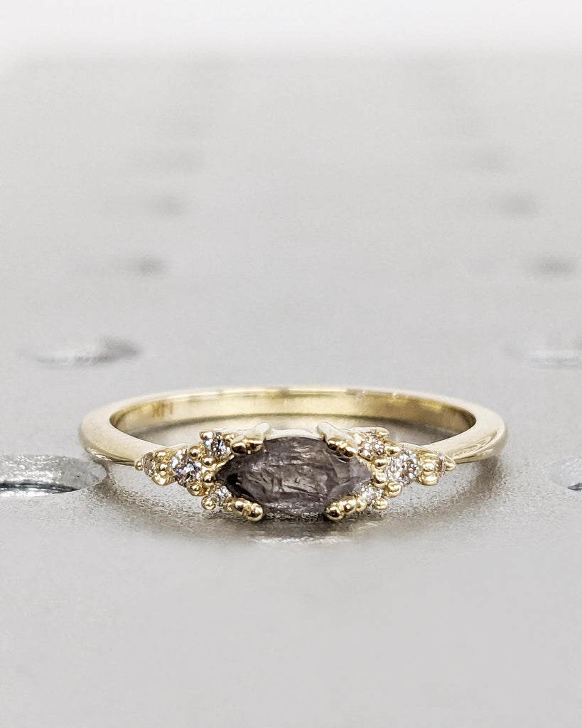 Marquise Salt and Pepper Diamond Wedding Ring, Unique Diamond Wedding Band, Wedding Engagement Ring, Minimalist Diamond Ring, 14K Solid Gold