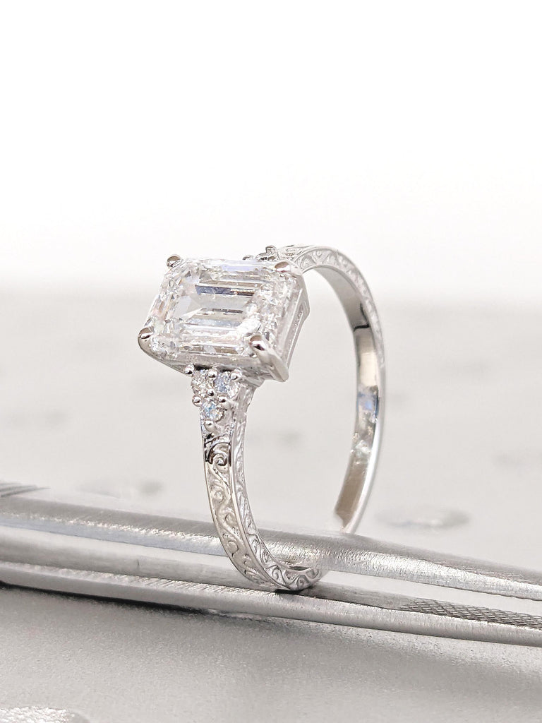 Lab Grown Diamond Emerald Cut Engagement Ring, 14k Gold Promise Ring, Cluster Diamond Ring, Lab Created Diamond Wedding Ring, Bridal Gift image #9