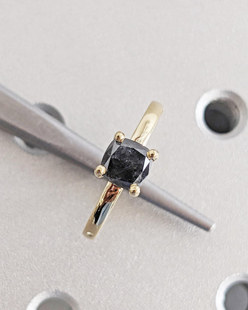 1920's Raw Salt and Pepper Diamond, Rose Cut Cushion Diamond Ring, Unique Engagement, Black, Gray Pear, 14k Yellow, Rose, or White Gold