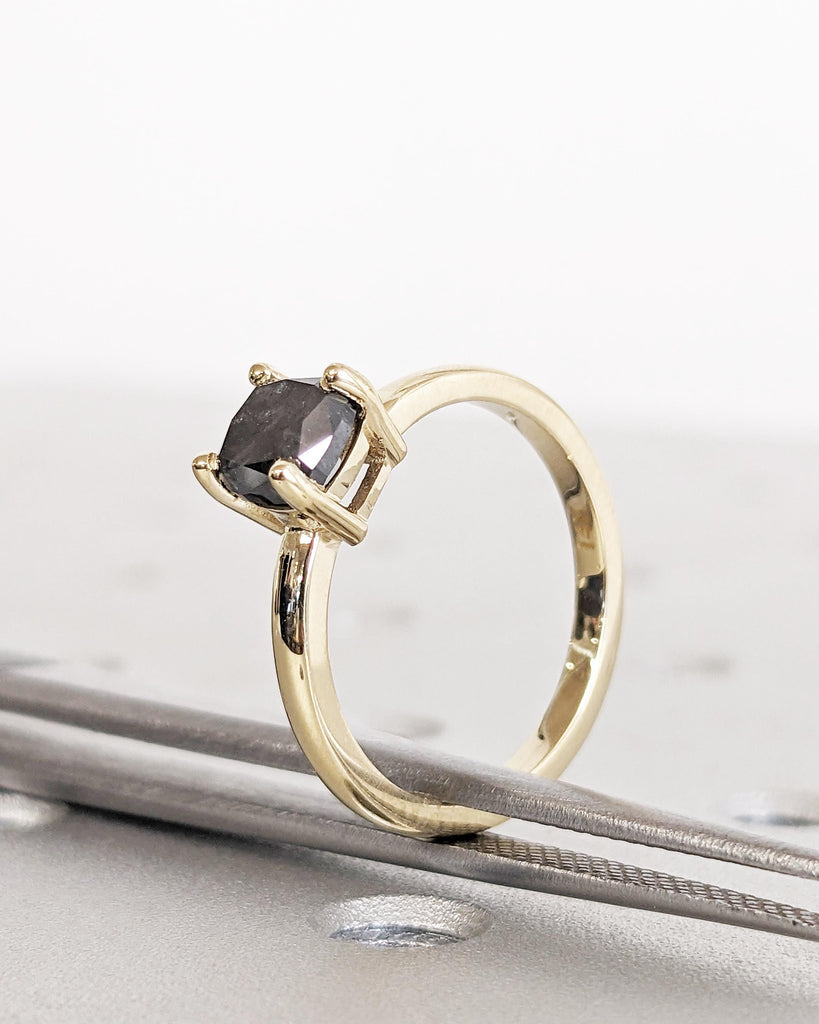 Salt and Pepper Diamond Cushion Ring, Galaxy Raw Salt and Pepper Square Diamond Ring, Vintage Cushion Cut Ring, 14K Vintage Engagement Ring