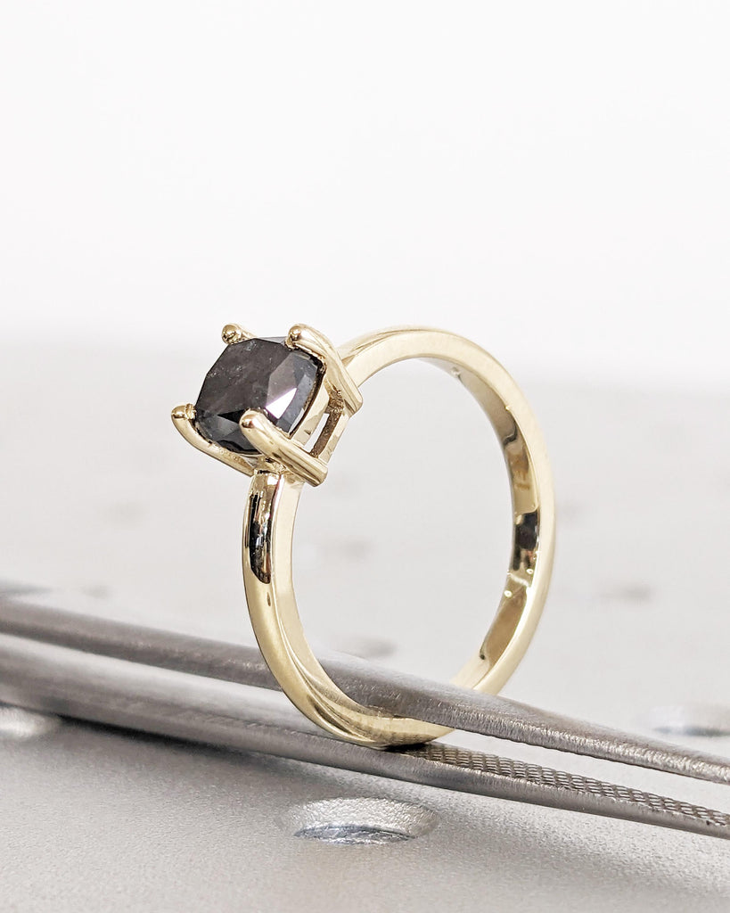 1920's Raw Salt and Pepper Diamond, Rose Cut Cushion Diamond Ring, Unique Engagement, Black, Gray Pear, 14k Yellow, Rose, or White Gold
