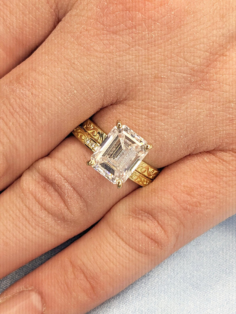 1-3 Carat Moissanite Emerald cut Engagement Ring Set | Vintage Moissanite Ring | 14k 18k Solid Gold Wedding Ring for Her | Bridal Jewelry