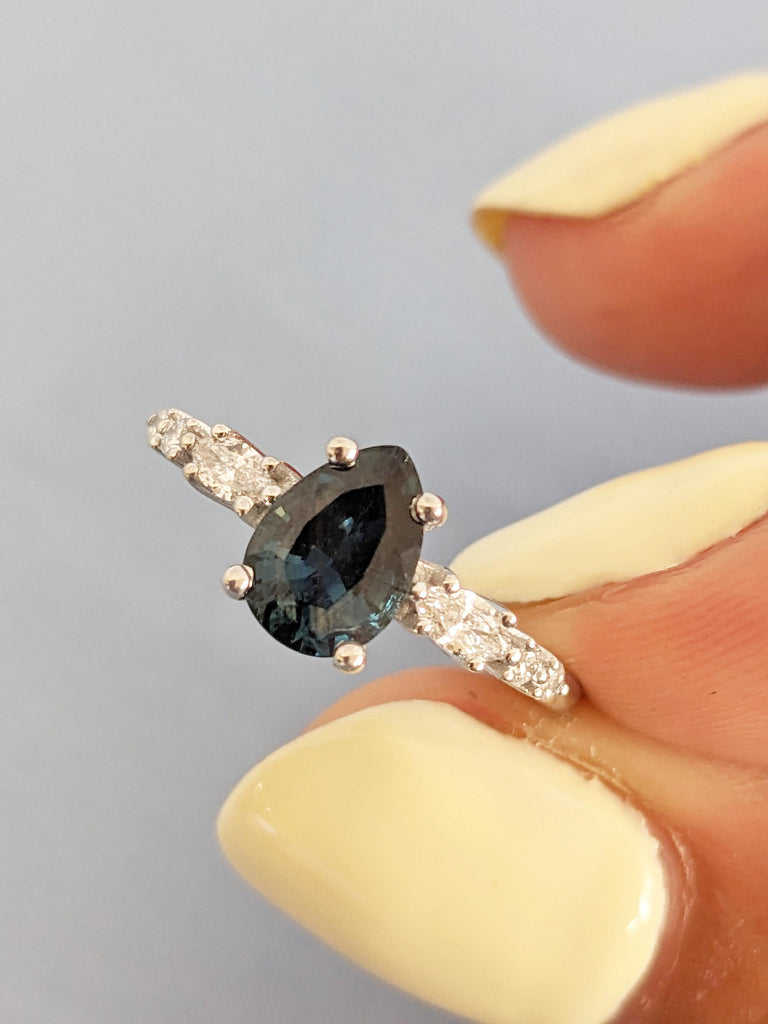 1ct Teal Sapphire Engagement Ring, White Gold Ring, Marquise, Round Cut Diamond Cluster Ring, Pear Ring, Vintage Sapphire Ring, Gift for Her