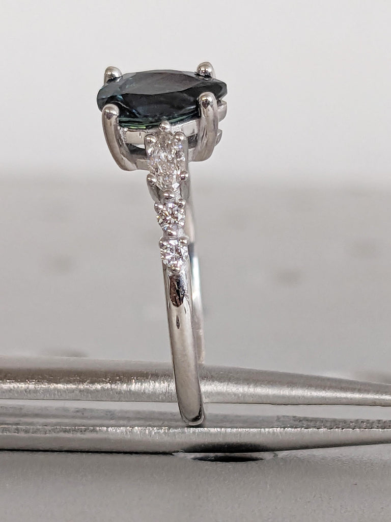 1ct Teal Sapphire Engagement Ring, White Gold Ring, Marquise, Round Cut Diamond Cluster Ring, Pear Ring, Vintage Sapphire Ring, Gift for Her