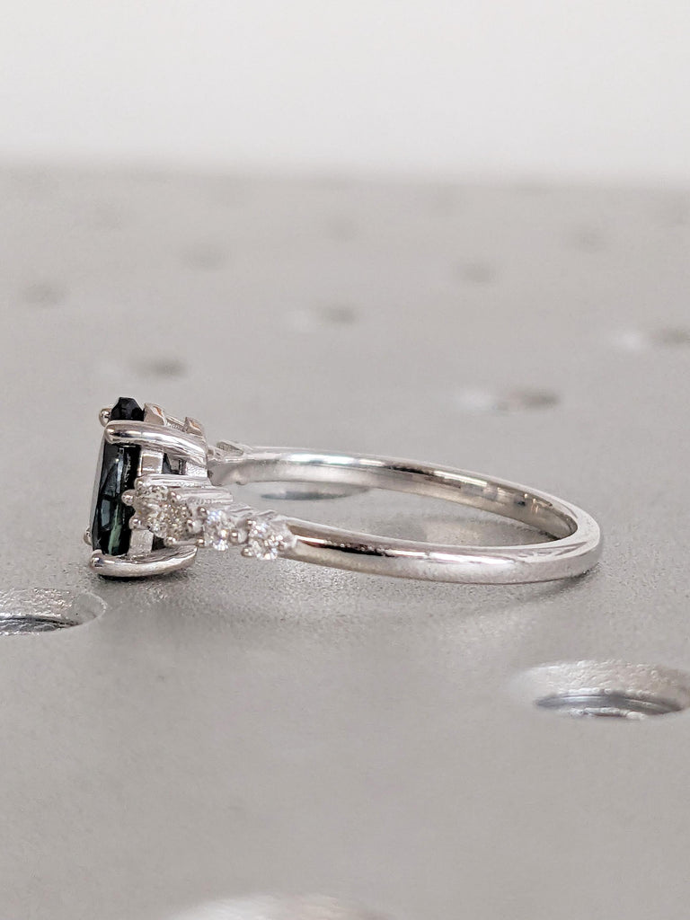1ct Teal Sapphire Engagement Ring, White Gold Ring, Marquise, Round Cut Diamond Cluster Ring, Pear Ring, Vintage Sapphire Ring, Gift for Her