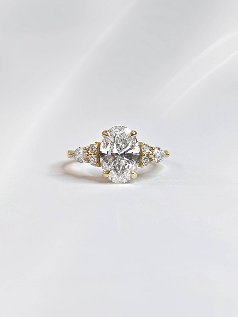 14K Yellow Gold Oval Lab Grown Diamond Engagement Ring | Unique Pear Moissanite Cluster Ring | Vintage Handmade Bridal Ring Jewelry for Her