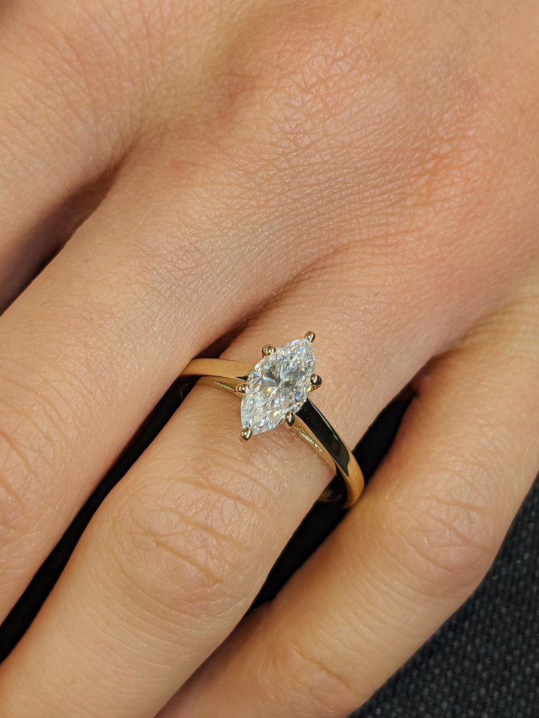 Marquise Cut Moissanite Cathedral Engagement Solitaire Ring, 14k 18K Yellow Gold Vintage Wide Band Statement Ring, Classic Gold Wedding Ring