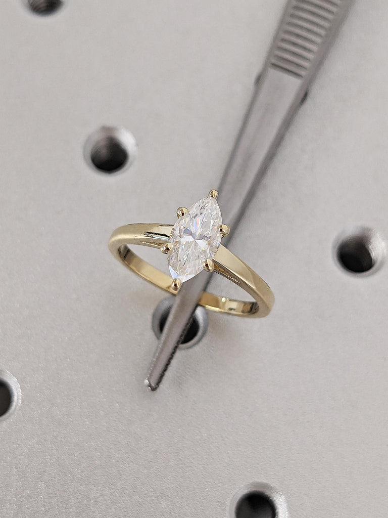 Marquise Cut Moissanite Cathedral Engagement Solitaire Ring, 14k 18K Yellow Gold Vintage Wide Band Statement Ring, Classic Gold Wedding Ring