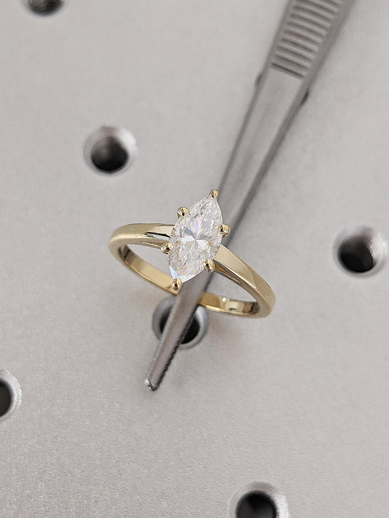 14K Solid Yellow Marquise Cut Lab Diamond Ring, Vintage Cathedral Marquise Moissanite Wedding Ring, Classic Modern Bridal Engagement Ring