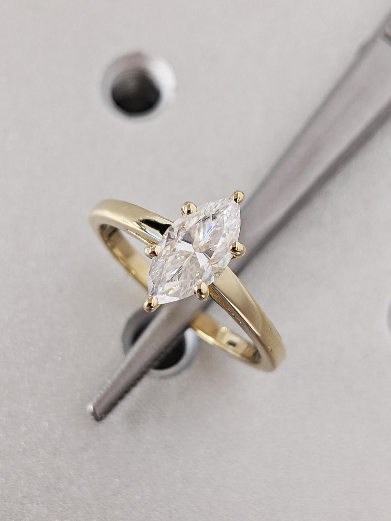 Marquise Cut Lab Grown Diamond Cathedral Engagement Ring, 14k Solid Yellow Gold Solitaire Wide Band Wedding Ring, Vintage Gold Bridal Ring