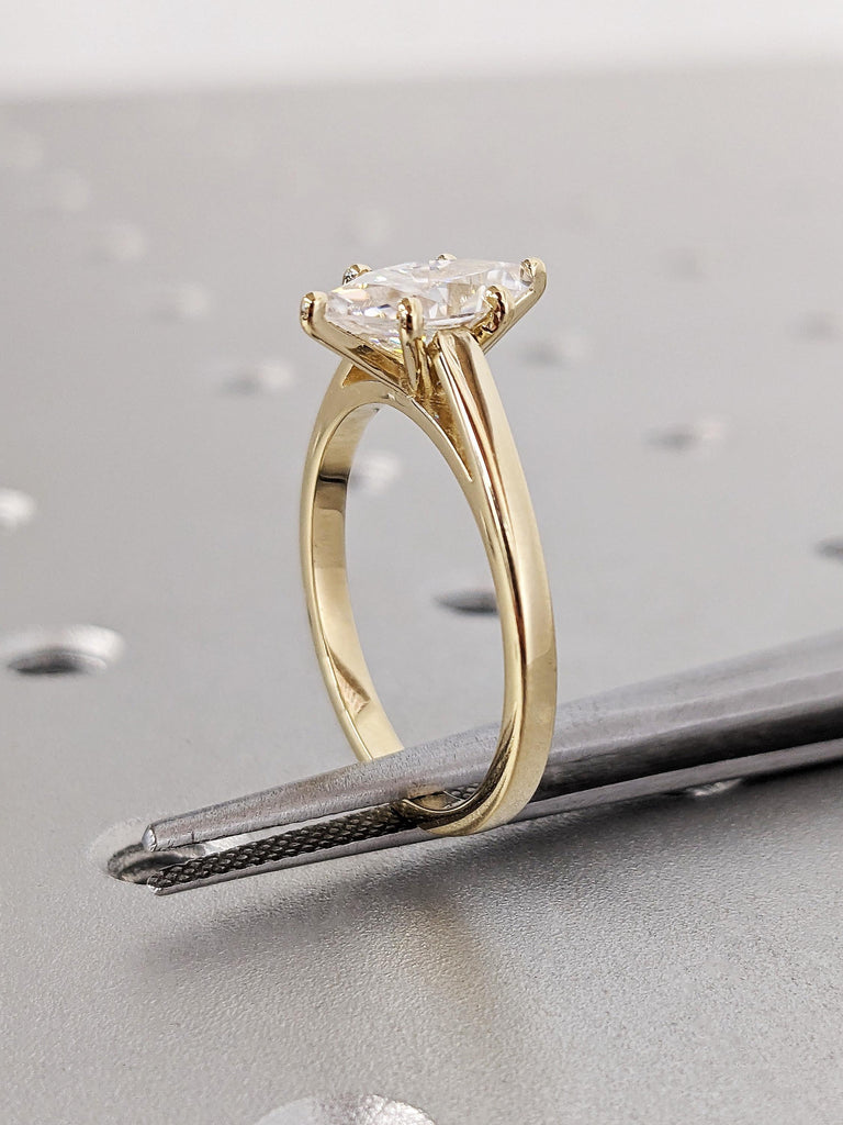 Marquise Cut Lab Grown Diamond Cathedral Engagement Ring, 14k Solid Yellow Gold Solitaire Wide Band Wedding Ring, Vintage Gold Bridal Ring