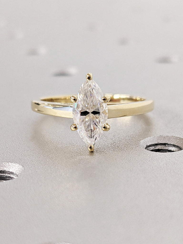 Marquise Cut Lab Grown Diamond Cathedral Engagement Ring, 14k Solid Yellow Gold Solitaire Wide Band Wedding Ring, Vintage Gold Bridal Ring