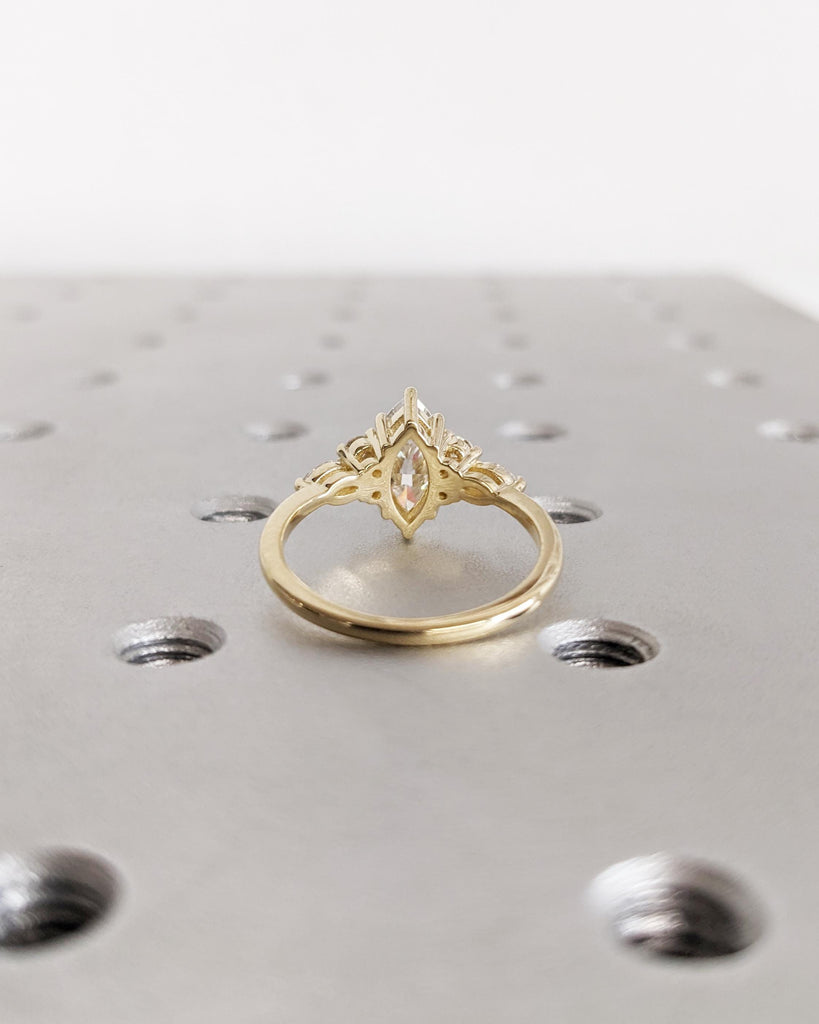 Marquise Moissanite Engagement Ring, Moissanite Accent Wedding Ring, Marquise Solitaire, 14K Solid Gold Marquise Cluster Ring, Gift For Wife