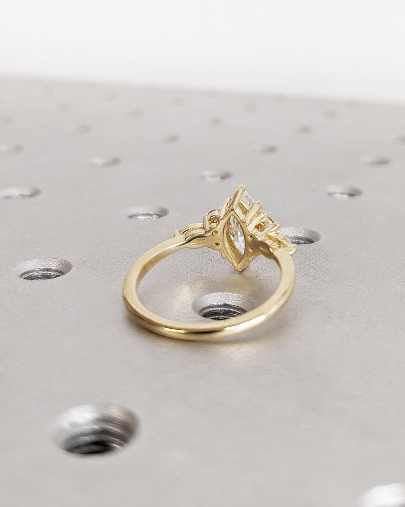 Marquise Moissanite Engagement Ring, Moissanite Accent Wedding Ring, Marquise Solitaire, 14K Solid Gold Marquise Cluster Ring, Gift For Wife