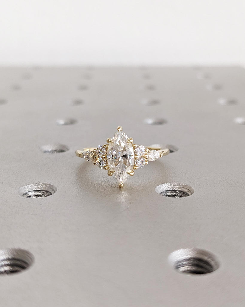 Marquise Engagement Ring / Marquise Lab Diamond Engagement Ring / IGI Certified / Claw Prong Setting / Marquise & Round Accent Diamond Wedding Ring / 14K Yellow Gold Ring