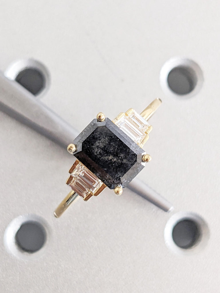 Emerald Cut Diamond Ring, Multi Stone 18k Gold Ring, Baguette Diamond Ring, Salt and Pepper Diamond Statement Ring, Promise Ring for Her
