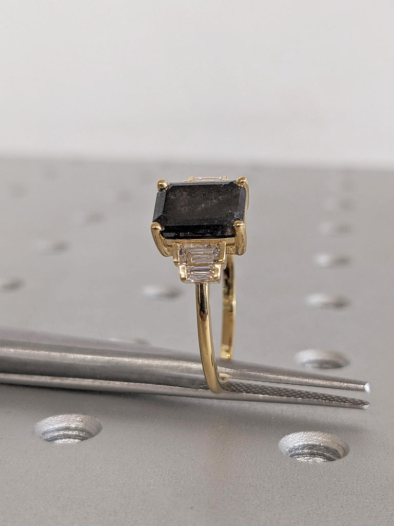 Vintage Salt and Pepper Diamond Engagement Ring, Dainty 18k Solid Gold Emerald Cut, Baguette Ring, Multi Stone Ring, Unique Anniversary Ring