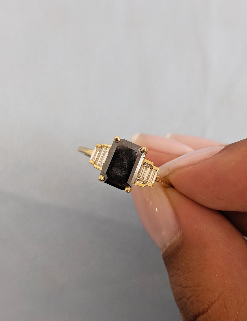 Vintage Salt and Pepper Diamond Engagement Ring, Dainty 18k Solid Gold Emerald Cut, Baguette Ring, Multi Stone Ring, Unique Anniversary Ring