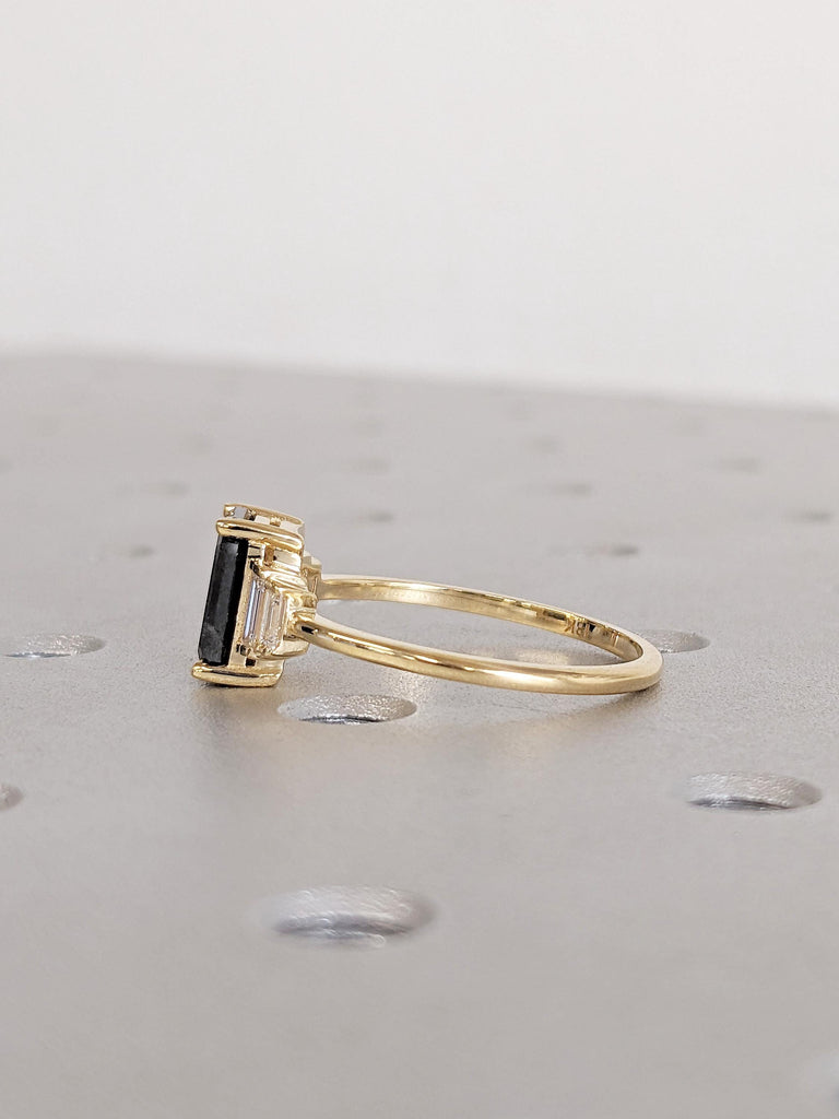 Emerald Cut Diamond Ring, Multi Stone 18k Gold Ring, Baguette Diamond Ring, Salt and Pepper Diamond Statement Ring, Promise Ring for Her