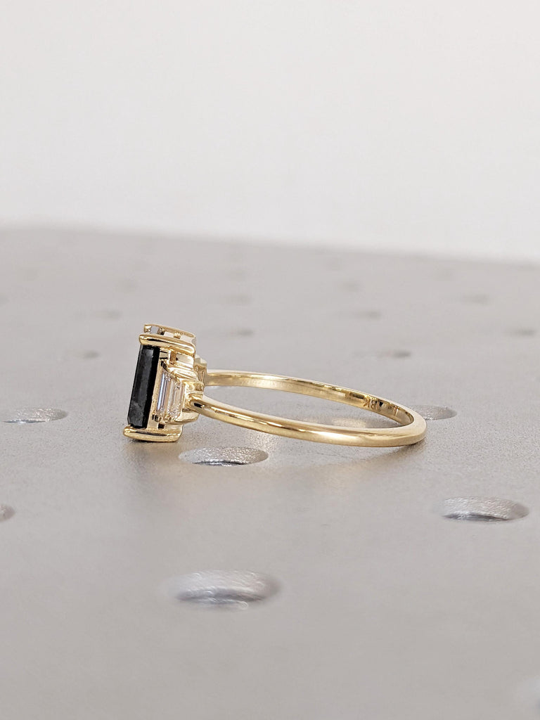 Vintage Salt and Pepper Diamond Engagement Ring, Dainty 18k Solid Gold Emerald Cut, Baguette Ring, Multi Stone Ring, Unique Anniversary Ring