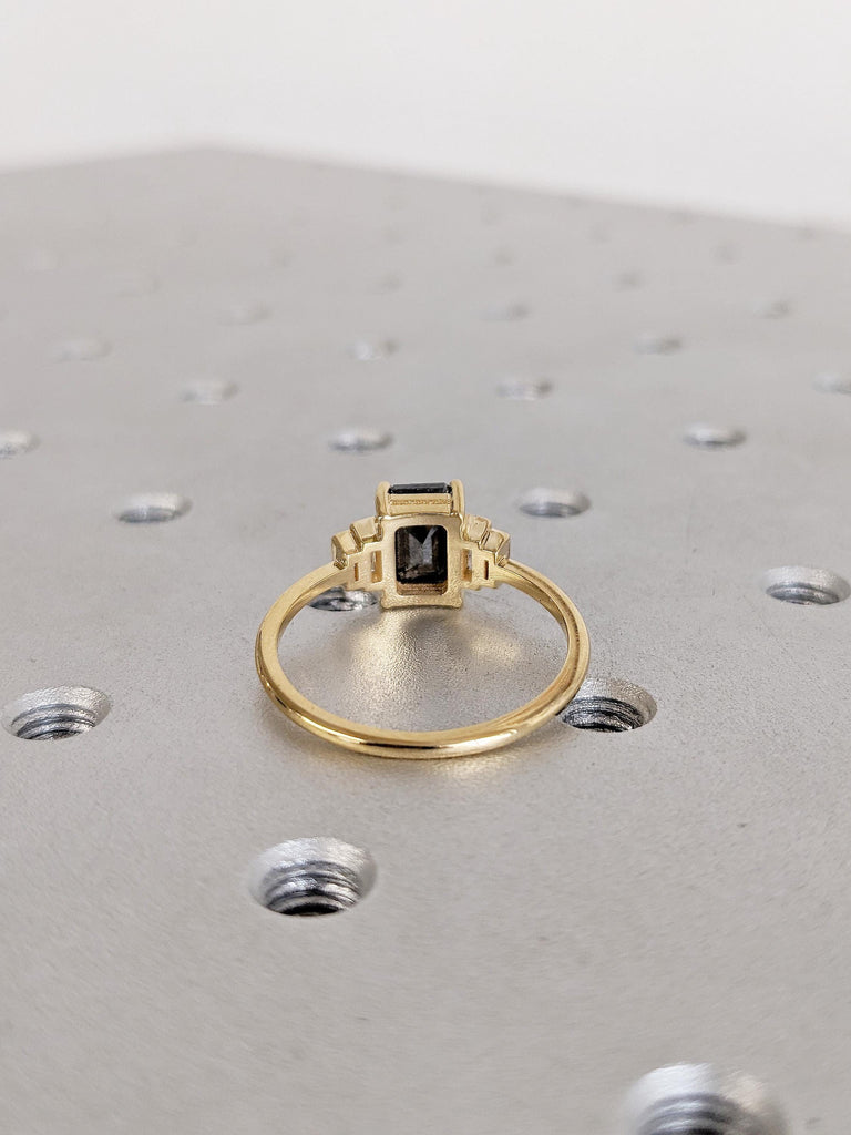 Vintage Salt and Pepper Diamond Engagement Ring, Dainty 18k Solid Gold Emerald Cut, Baguette Ring, Multi Stone Ring, Unique Anniversary Ring