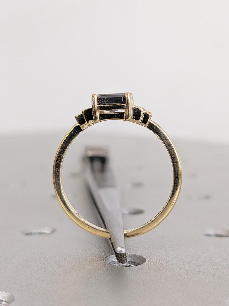 Emerald Cut Diamond Ring, Multi Stone 18k Gold Ring, Baguette Diamond Ring, Salt and Pepper Diamond Statement Ring, Promise Ring for Her