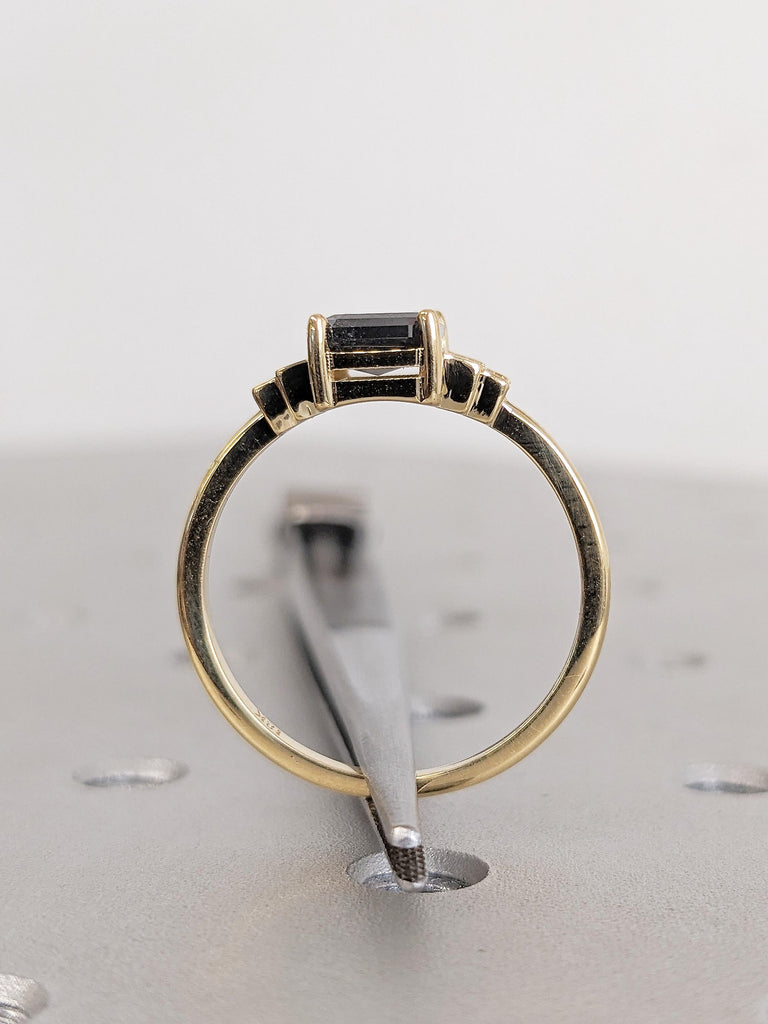 Vintage Salt and Pepper Diamond Engagement Ring, Dainty 18k Solid Gold Emerald Cut, Baguette Ring, Multi Stone Ring, Unique Anniversary Ring