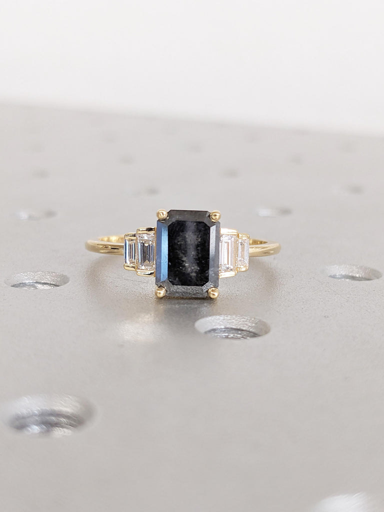 Vintage Salt and Pepper Diamond Engagement Ring, Dainty 18k Solid Gold Emerald Cut, Baguette Ring, Multi Stone Ring, Unique Anniversary Ring
