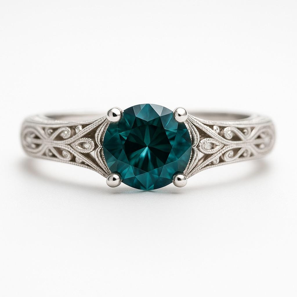 Vintage Round Teal Sapphire Engagement Ring | Unique Blue-Green Sapphire Gemstone Wedding Ring | 14k Real White Gold Promise Ring For Women