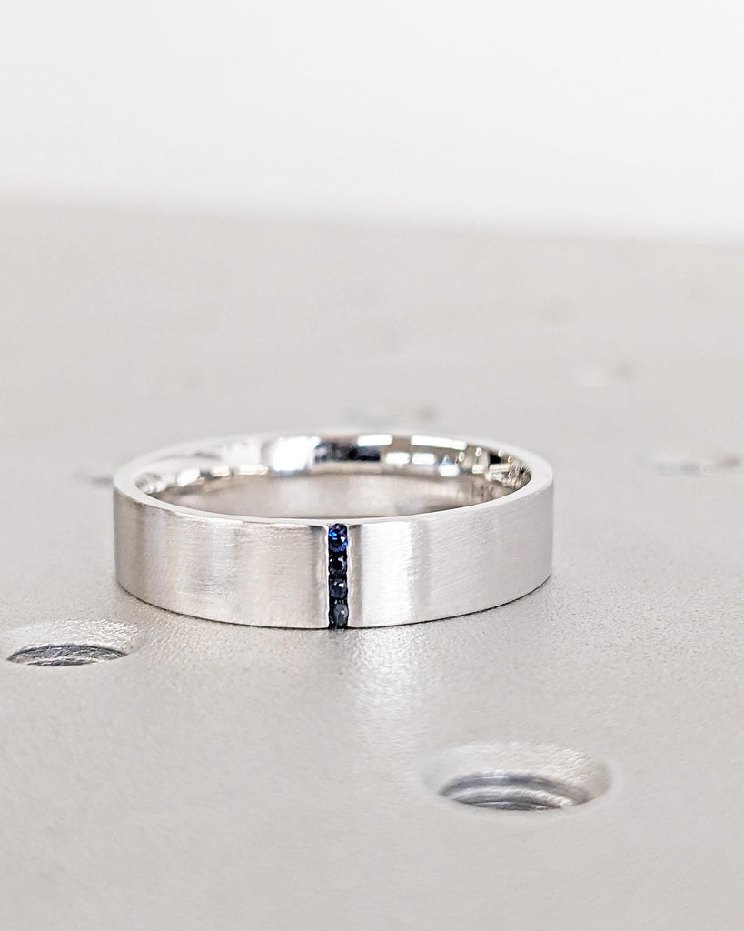5mm Men's Blue Sapphire Wedding Band, Men's White Gold Ring with Sapphires, 5mm Men's Wedding Band, Brushed Finish Band, Unique Ring For Men