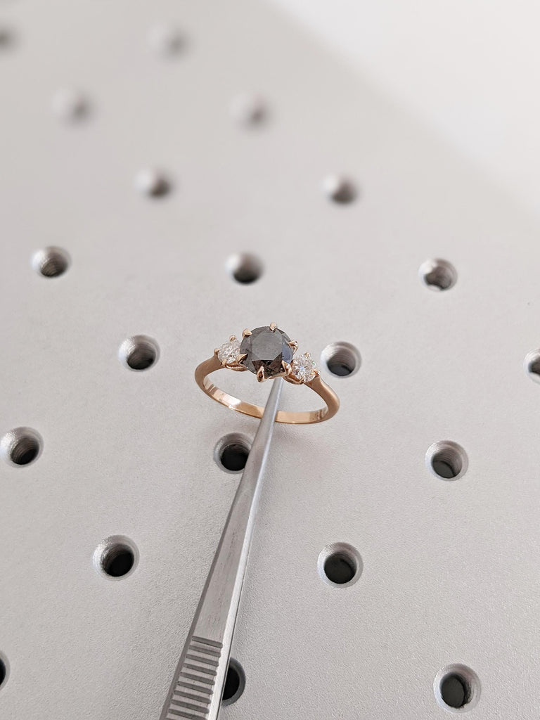 Unique 14K Solid Rose Gold Salt and Pepper 3-Stone White Diamond Ring, Vintage Claw Prong Salt & Pepper Wedding Ring, Christmas Gift for Her
