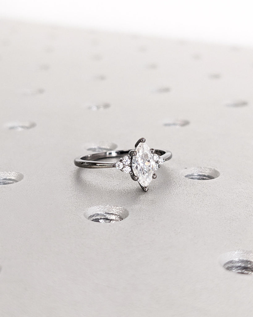 14K Black Gold Marquise Moissanite Engagement Ring, Art Deco Marquise Solitaire Promise Ring, Vintage Wedding Ring, Moissanite Cluster Ring image #4