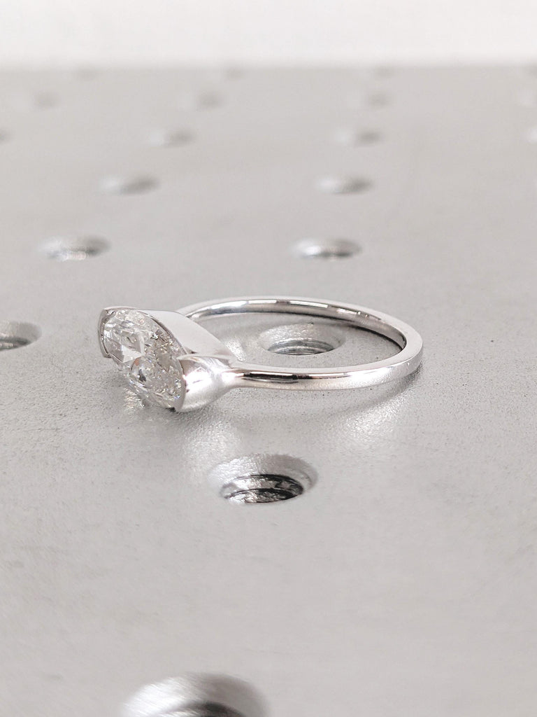 East West Engagement Ring, Half Bezel Set Ring