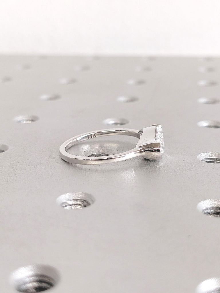 14k White Gold Ring, Elongated Oval Moissanite Ring, East West Engagement Ring, Half Bezel Set Ring, Colorless Moissanite Anniversary Ring